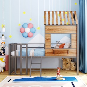 NicBex Twin Size Bunk Bed Loft Bed House Shape Metal Bed Frame with Window, Inclined Ladder and Guardrail for Bedroom, No Box Spring Required - 1 of 4