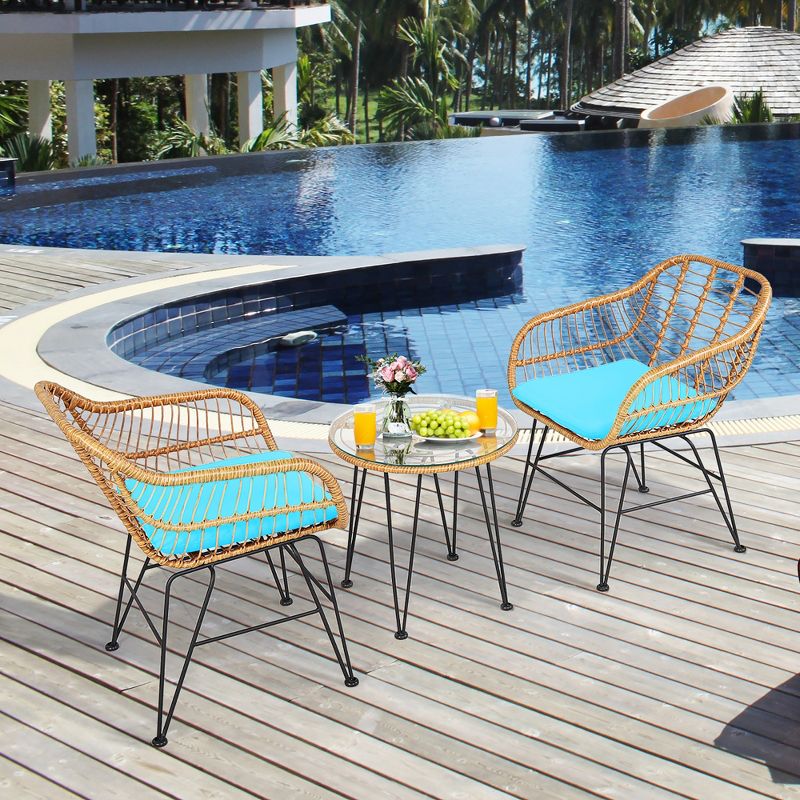 Costway 3PCS Patio Rattan Bistro Furniture Set Cushioned Chair Table, 2 of 11