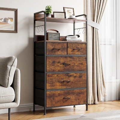 5-Drawer Gray Fabric Dresser, Space-Saving Modern Design, Includes Open Shelves and Hooks, for Bedroom & Closet Organization,Brown