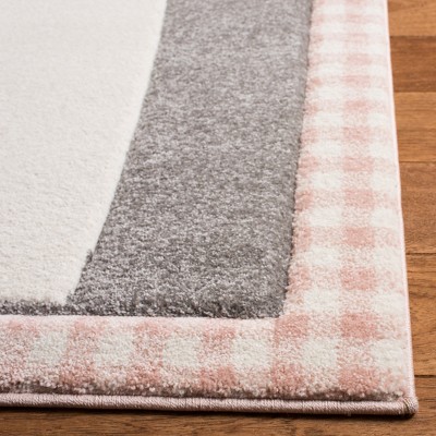 Gray and Pink Synthetic Runner Rug with Cat Design for Kids