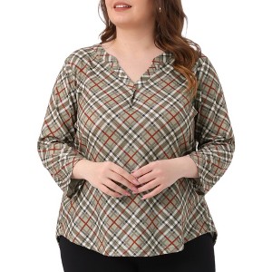 Agnes Orinda Women's Plus Size Plaid V Neck 3/4 Sleeve Flowy Casual Tunic Blouses - 1 of 4