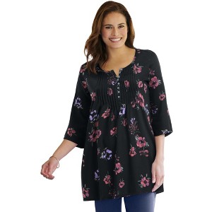 Woman Within Plus Size 7-Day Three-Quarter Sleeve Pintucked Henley Tunic - 1 of 4