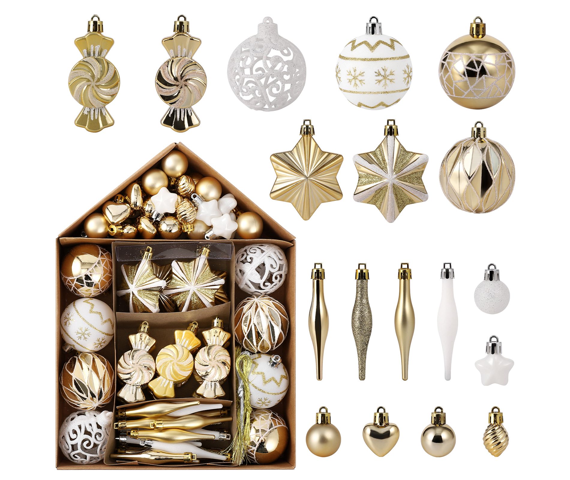 73-Pcs Champagne Gold Christmas Ornaments Set, Shatterproof Plastic Xmas Tree Balls & Holiday Decorations