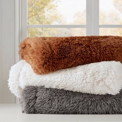 Ivory Faux Fur and Velvet Reversible Throw Blanket 50x60"