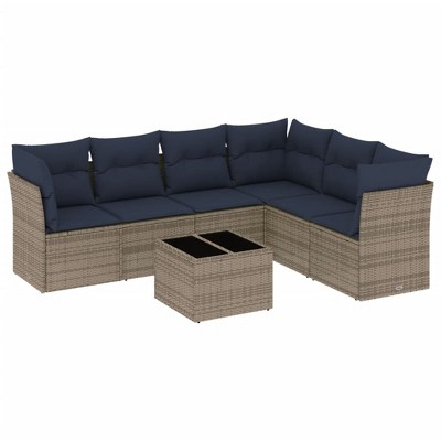 vidaXL 7 Piece Patio Sofa Set with Cushions Poly Rattan - Beige and Gray With Table