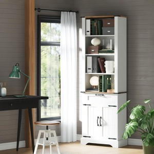 72" Tall Bookshelf ¨C White Farmhouse Bookcase with Storage Cabinet, 4-Tier Open Shelves & Drawers for Home Office & Living Room - 1 of 4