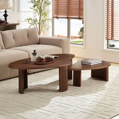 Sapphtopaz 2PCS Modern Coffee Table Set with Embossed Legs Irregular Dining Table with Wood Veneer Nesting Coffee Table Set of 2 for Living Room
