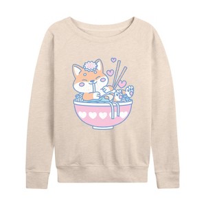 Women's - Instant Message - Kawaii Ramen Shiba Inu Lightweight French Terry Wide Neck Long Sleeve Graphic Shirt - 1 of 4