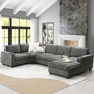 119" 6-Seat Chenille U-Shaped Sectional Sofa with Oversized Chaise Lounge, Deep Wide Seats, and Dual Cup Holders - 1 of 4