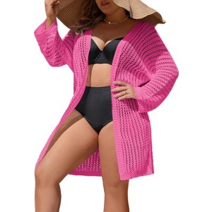 Womens Plus Size Beach Cover Ups Crochet Knit Open Front Light Weight Cardigan Long Cover Ups for Plus Size Women - 1 of 2