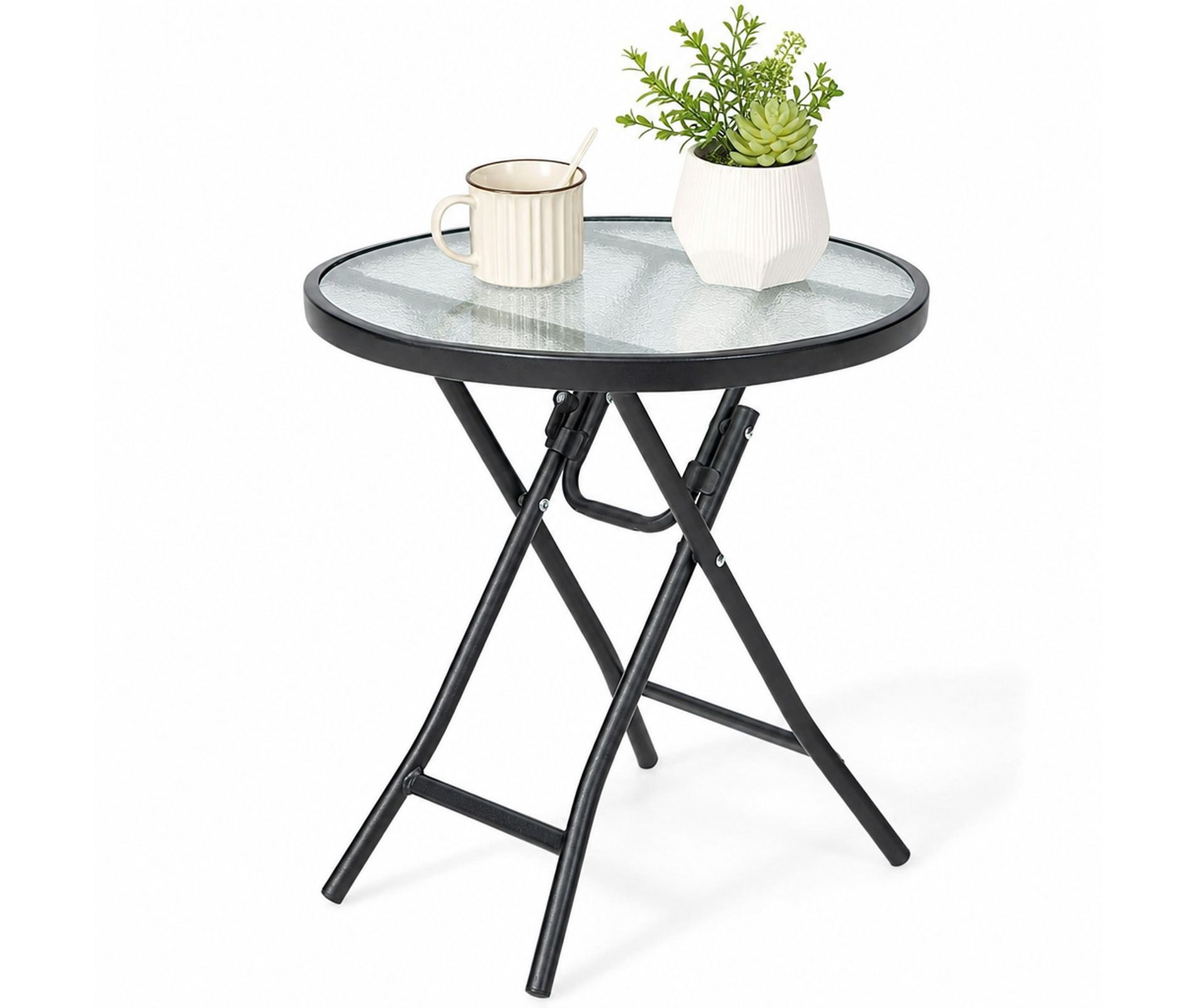 18-Inch Round Folding Outdoor Patio Coffee Table with Tempered Glass Top for Balcony and Porch