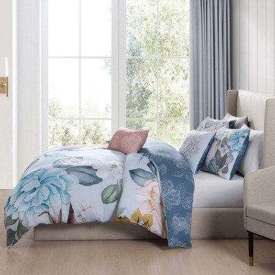 Sky Blue Floral Cotton Queen Reversible Comforter Set