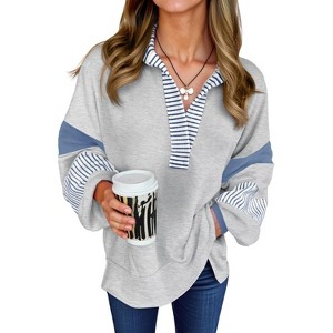 Imily Bela Womens Color Block  Oversized Polo Shirt V Neck Long Sleeve Casual Pullover Top - 1 of 4