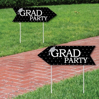 Big Dot of Happiness Silver - Tassel Worth The Hassle - Graduation Party Sign Arrow - Double Sided Directional Yard Signs - Set of 2