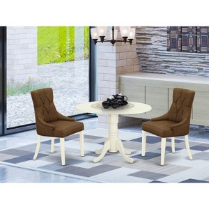 HomeStock 3Pc Dinette Set Includes a Small Rounded Kitchen Table with Drop Leaves and Two Parson Chairs with Dark Coffee Fabric, White Finish - 1 of 3