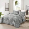 Grey Quilt Set Queen Size, Branch Botanical Pattern, 3 - Piece Gray Floral Microfiber Reversible Summer Bedding - 2 of 4