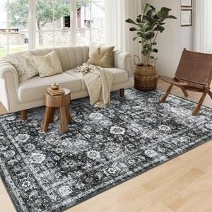 Area Rug, Home Decor Washable Vintage Distressed Floral Rug - Non-Slip Ultra-Thin (0.2in) Stain Resistant Carpet - 1 of 4