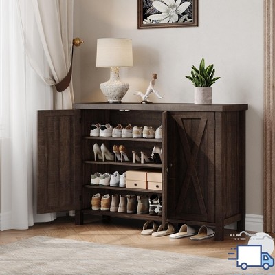 Jojoka Farmhouse Shoe Cabinet with Barn Doors – 4-Tier Adjustable Entryway Storage Rack for Hallway or Living Room