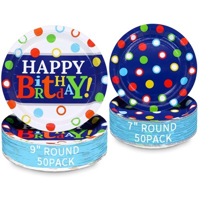 DYLIVeS Colorful Dots Happy Birthday Party Plates, 100 Pack Blue and Rainbow Dots Paper Dinner Dessert Plates, Disposable Party Decorations