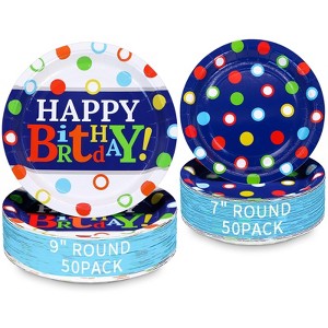 Hachikiko Colorful Dots Happy Birthday Party Plates, 100 Pack Blue and Rainbow Dots Paper Dinner Dessert Plates, Disposable Party Decorations - 1 of 4