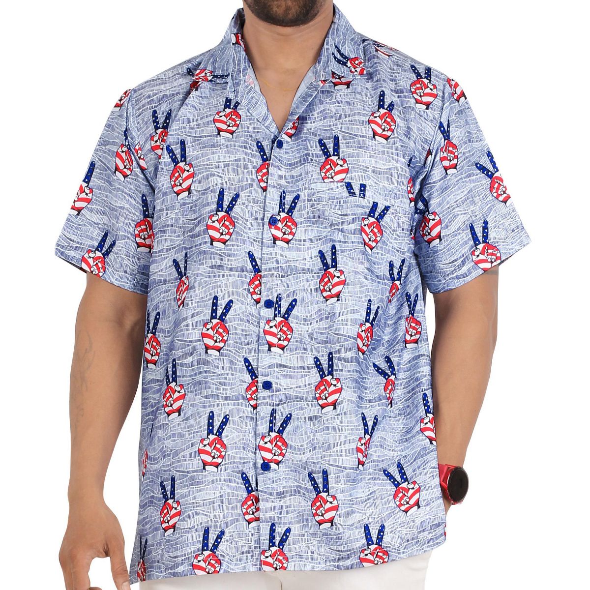 LA LEELA Men's 4th of July Hawaiian Holiday US American Flag Shirt Short Sleeve Button Down Patriotic Shirts for Men 3XL Victory Sign Blue
