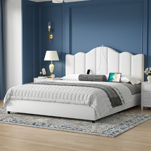 VECELO Queen/Full Size Platform Bed Frame with Type-C & USB Charging Stations and 4 Storage Drawers, Upholstered Adjustable Headboard, Beige - 1 of 4