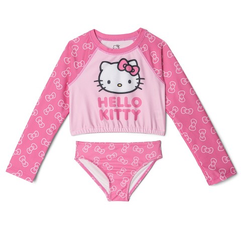 Hello Kitty Little Girls Raglan Rash Guard and Bikini Bottom UPF 50+ Swim Set Logo Pink 7-8