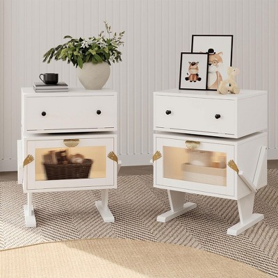 RoyalCraft Nightstand with LED Light Strips, End Table Set with Rotating Drawer and Glass Door Storage for Bedroom or Home Office, Set of 2, White