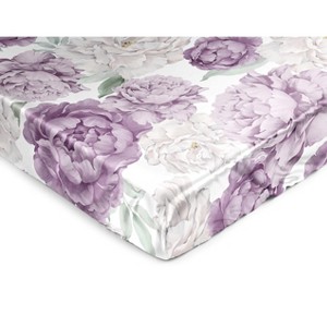 Sweet Jojo Designs Girl Satin Fitted Crib Sheet Peony Floral Garden Purple Ivory and Green - 1 of 4