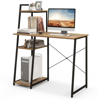 Tangkula Computer Desk Industrial Wood Study Desk w/Storage Shelf Writing Table Workstation Natural/Brown