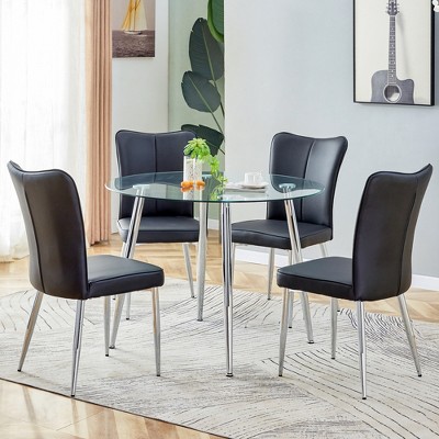 5-Piece Dining Set with Tempered Glass Table and 4 PU Armless Chairs