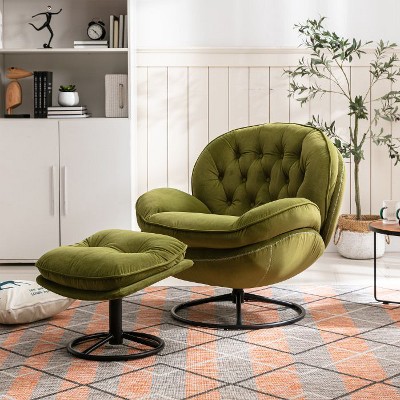 CAVINAS Modern Velvet Accent Chair with Ottoman, Armless Upholstered Lounge Chair with Black Metal Legs for Living Room or Bedroom