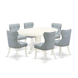 HomeStock 7-Piece Oval Linen White Finish Solid Wood Top Dining Table with 6-Chairs with Butterfly Leaf - 1 of 4