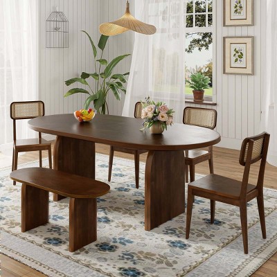 6-Piece Solid Wood Dining Set with Oval Trestle Table, 4 Rattan Chairs & 1 Bench, Available in Brown or Natural Finish-Cuddlewood