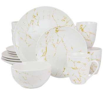 16pc Stoneware Fine Marble Dinnerware Set Gold/White - Elama