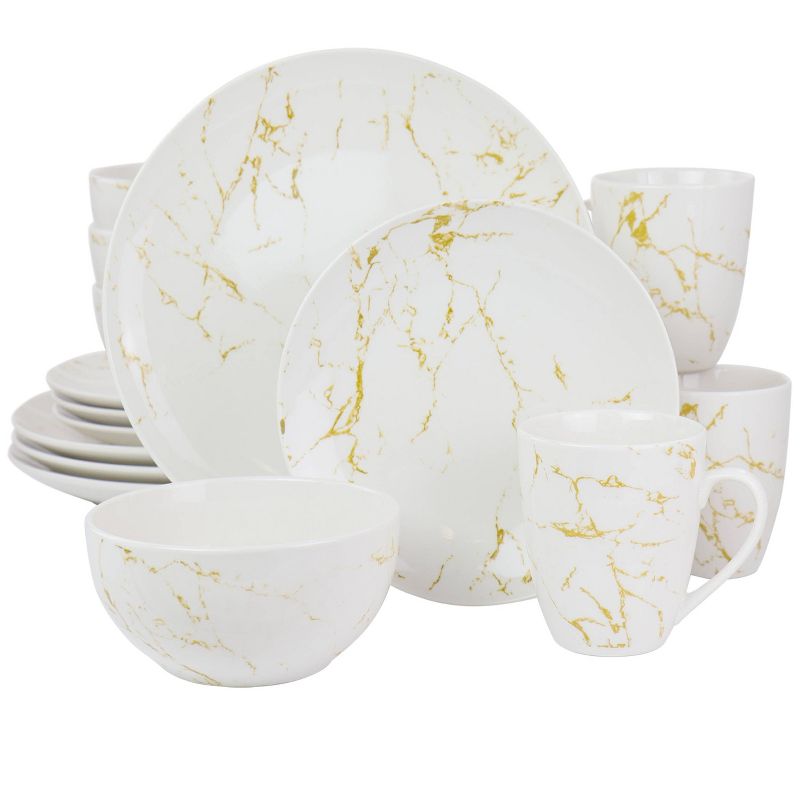 16pc Stoneware Fine Marble Dinnerware Set Gold/White - Elama, 1 of 9