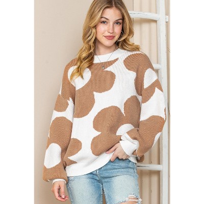 I AM A FASHION JUNKY Khaki 60s Floral Pattern Ribbed Trim Pullover Sweater