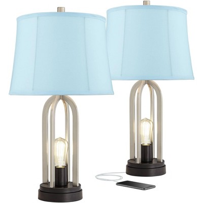 360 Lighting Industrial Table Lamps Set of 2 with Nightlight USB LED 24.25" High Brushed Nickel Blue Softback Drum Shade Living Room Bedroom