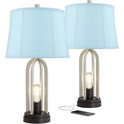 360 Lighting Industrial Table Lamps Set of 2 with Nightlight USB LED Brushed Nickel Blue Softback Drum Shade Living Room Bedroom