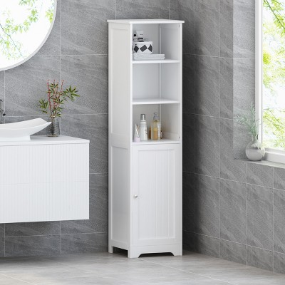 63" Tall Bathroom Linen Cabinet, Storage Tower with 2 Enclosed Shelves & 3 Open Shelves, Modern Black Freestanding Organizer for Towels & Toiletries