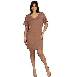 24seven Comfort Apparel Solid Color Loose Fit V Neck T Shirt Style Womens Knee Length Dress - 1 of 4