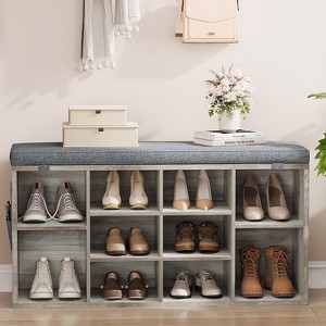 Shoe Cushion with Bench ,Fluted Shoe Storage Sliding Door and Adjustable Shelf,3-Tier Shoe Rack Cabinet for Entryway, Bedroom, Living Room - 1 of 4