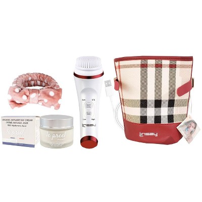 LINSAY UltraSonic Facial & Body cleansing Brush with Temperature control, SPA Bundle with Le preel Paris Organic Day Cream, Headband and Cosmetic Bag
