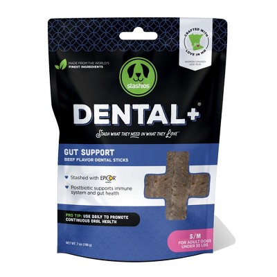 Stashios Dental+ Sticks for Dogs Under 35 lbs- Gut Support, with Beef Bone Broth, All Natural, EpiCor postbiotic, Made in The USA, Dental+ Bag, S/M -