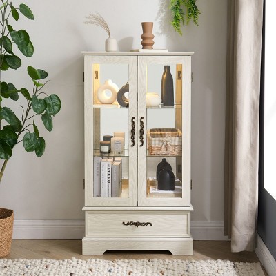Curio Cabinet With Light, Glass Cabinet With Adjustable Glass Shelves, 2 Doors And 1 Drawer Glass Cabinet Display-Cuddlewood