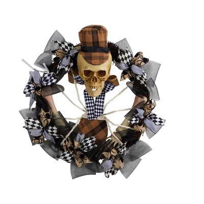 Nearly Natural 24” Halloween Skull in Plaid Mesh Wreath
