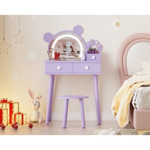 Garvee Kids Vanity Set,Bear-Shaped Make Up Vanity Desk with Mirror&Stool,Wooden Princess Make Up Table Set - 1 of 4