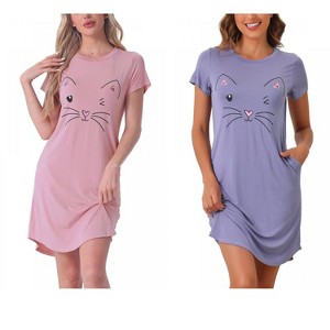 INSPIRE CHIC Women's 2 Pcs Cats Printing Pajamas Cute Printed Sleep Dress Short Sleeve Nightgowns - 1 of 4