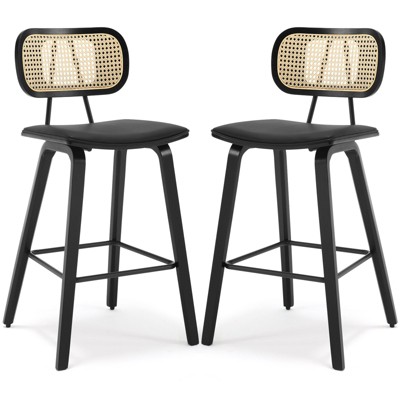 Bekrvio 26" Counter Height Bar Stools-Mid Century Modern Wood Frame,PU Leather Upholstered with Rattan Back, Kitchen Island Counter Stools