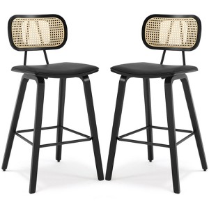 Bekrvio 26" Counter Height Bar Stools-Mid Century Modern Wood Frame,PU Leather Upholstered with Rattan Back, Kitchen Island Counter Stools - 1 of 4